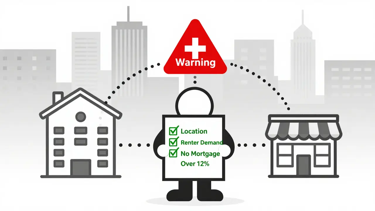 Три объекта недвижимости на схеме с чек-листом: локация, спрос, ипотека ниже 12% — ключ к безопасности.