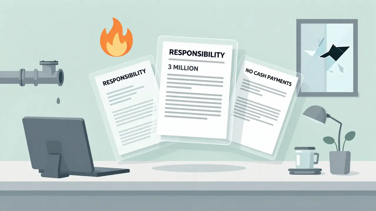 Три прозрачных полиса страхования с иконками рисков: протечка, огонь, разбитое окно, на фоне спокойного стола.