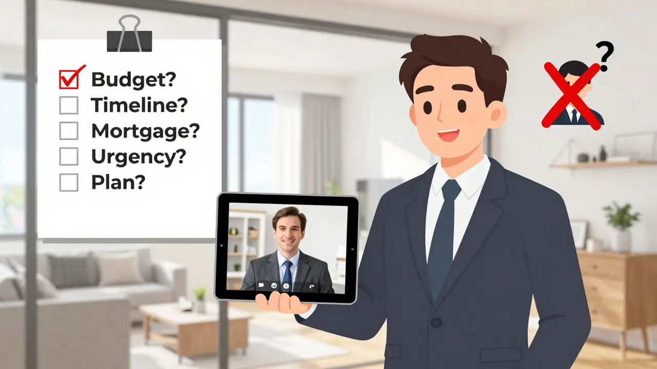 Агент проводит онлайн-показ квартиры, на экране — потенциальный покупатель, рядом чек-лист с вопросами для отбора.