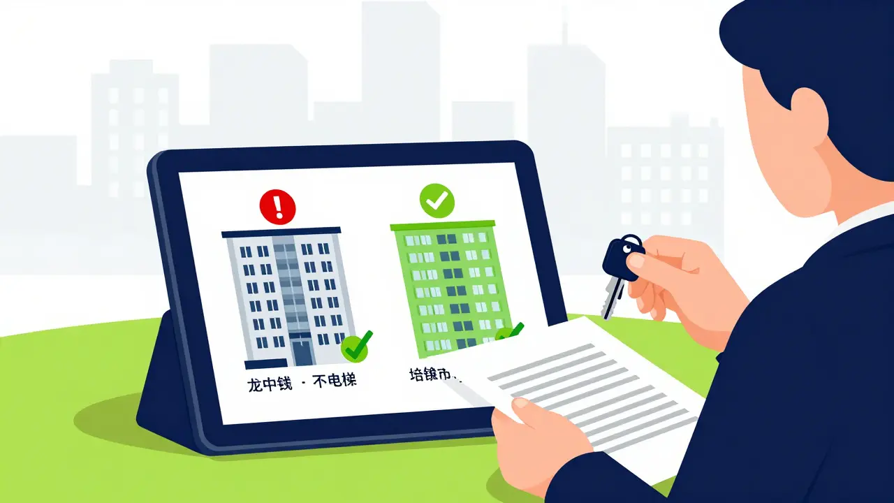 Банковский сотрудник сравнивает старую и новую квартиру на планшете с критериями одобрения.