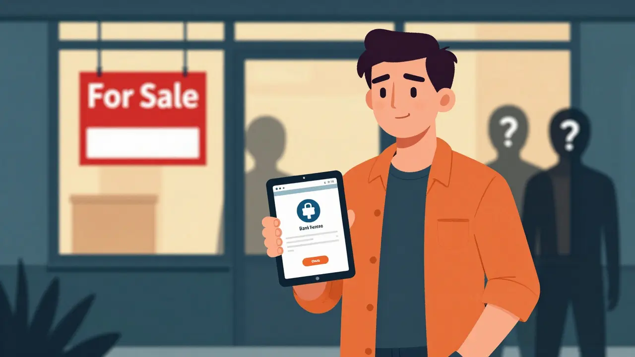 Человек стоит у дома с табличкой 'Продается', на планшете — подтверждение перевода денег, мошенники исчезают в тени.