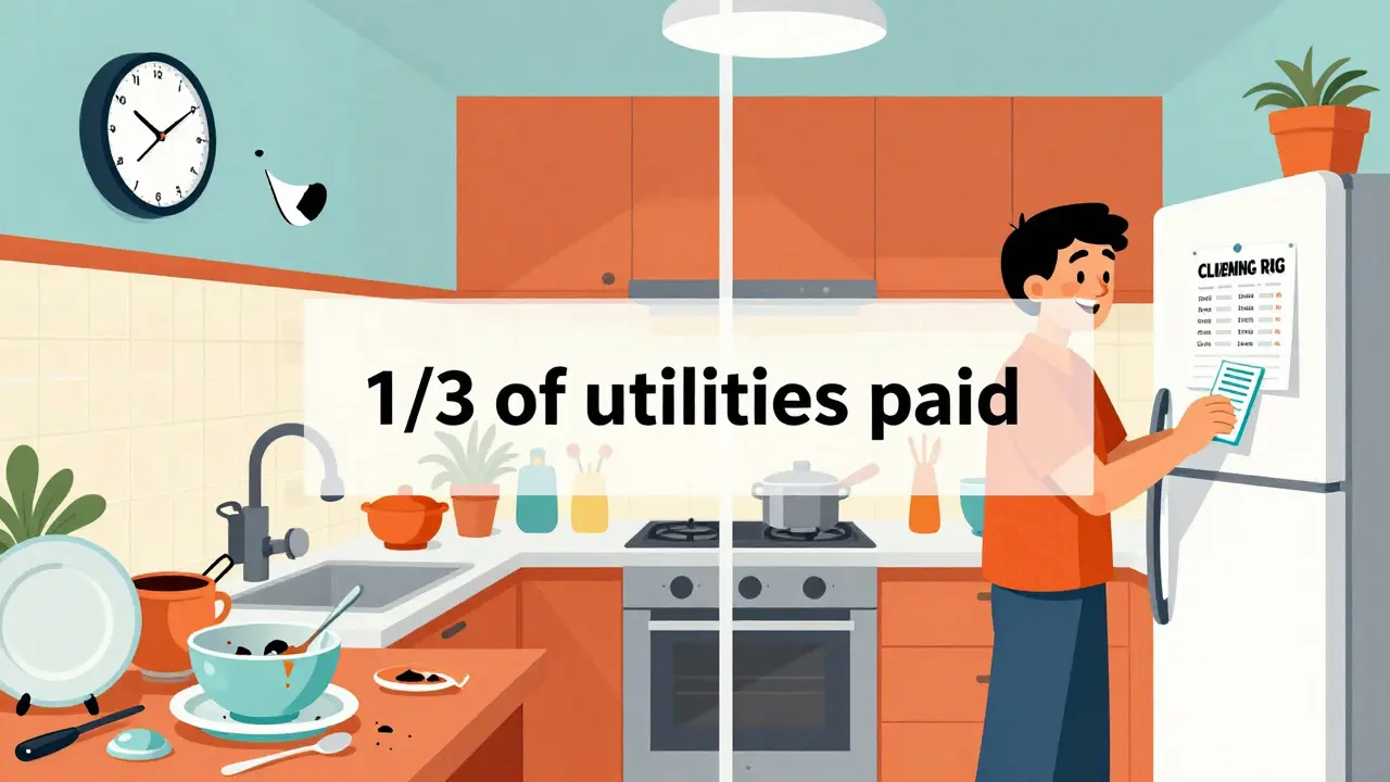 Чистая и грязная кухня в коммуналке, с графиком уборки и квитанцией об оплате коммунальных услуг.