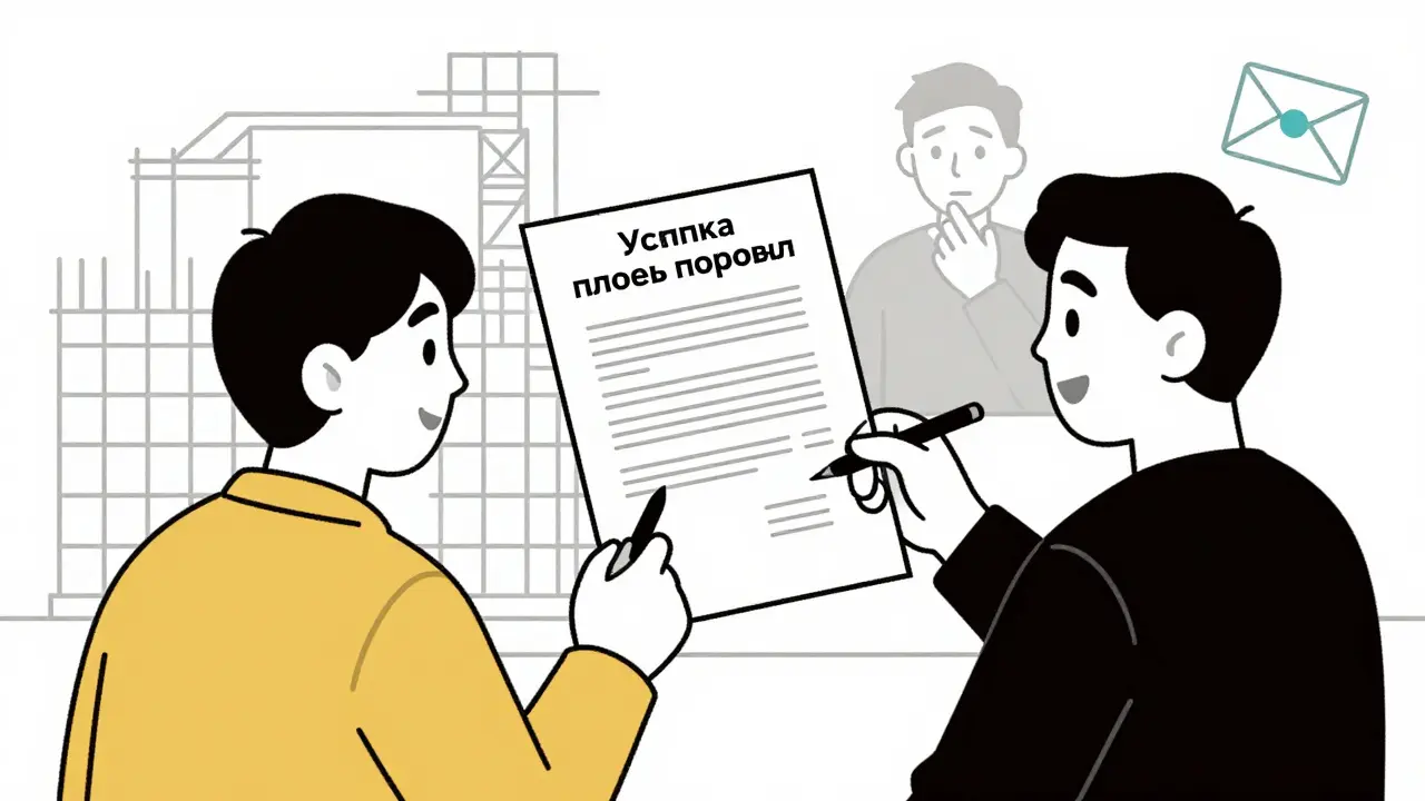 Два человека подписывают договор уступки права требования, за ними — стройка и родственник, в углу — конверт с возвратом налога.