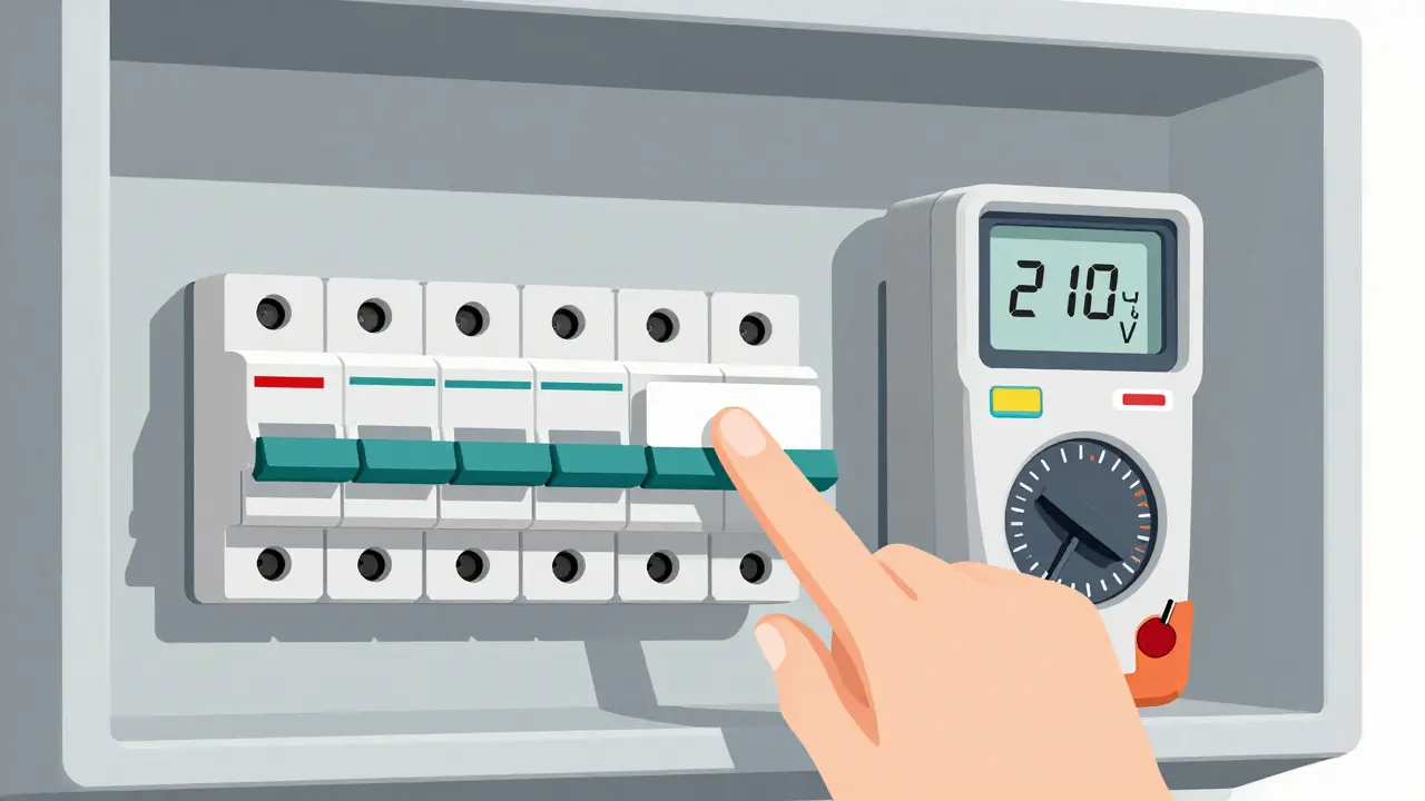 Электрический щиток с правильно установленными автоматами и мультиметром, показывающим нормальное напряжение.