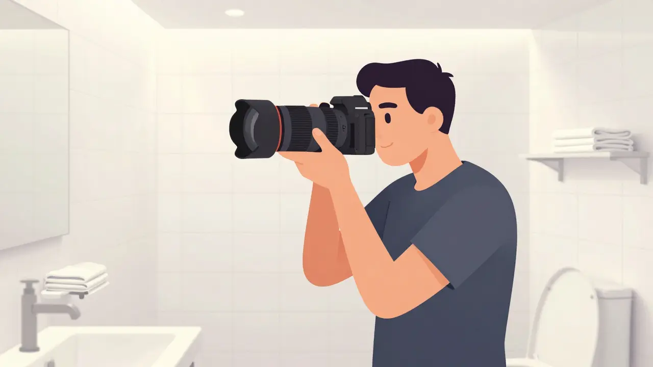 Идеально чистая ванная комната с закрытой крышкой унитаза, одним сложенным полотенцем и мягким освещением.