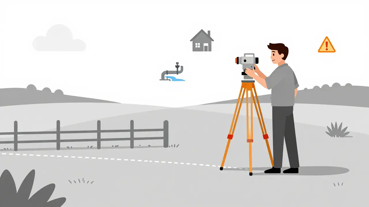 Кадастровый инженер измеряет участок, скрытая граница под забором выделена пунктиром, рядом — иконки ограничений.