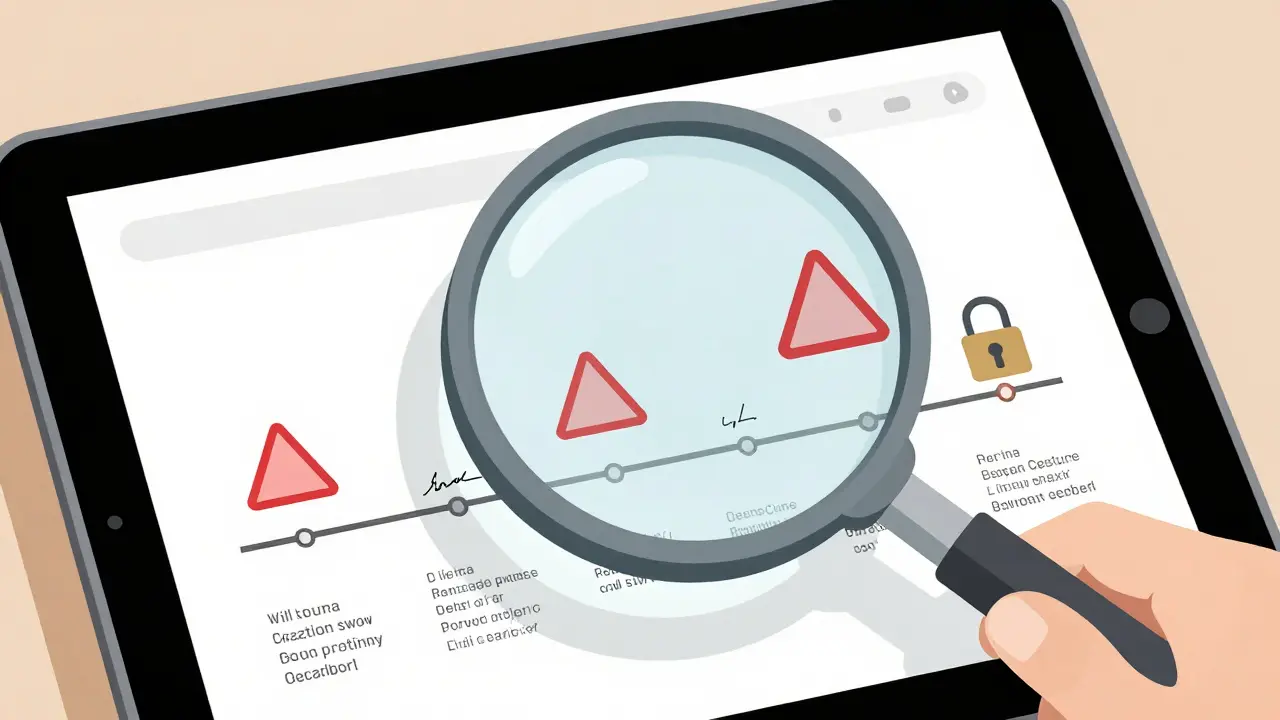 Лупа анализирует историю квартиры на планшете, выделяя три подозрительные сделки.