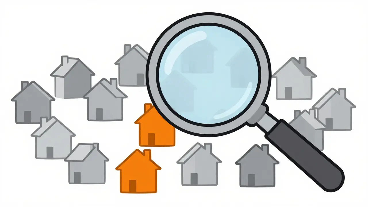 Лупа над схемой районов с выделенным объектом