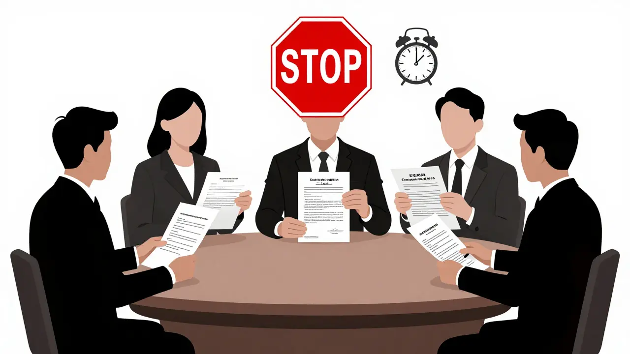 Пять участников сделки за столом, один документ отсутствует — красный знак 'STOP' над ним.