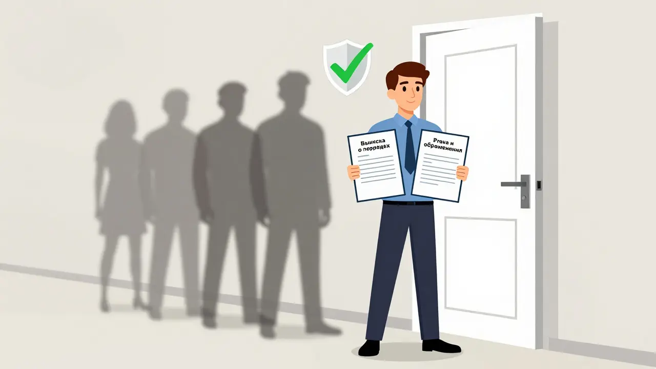 Покупатель стоит у двери квартиры с двумя выписками, тени прошлых владельцев исчезают.