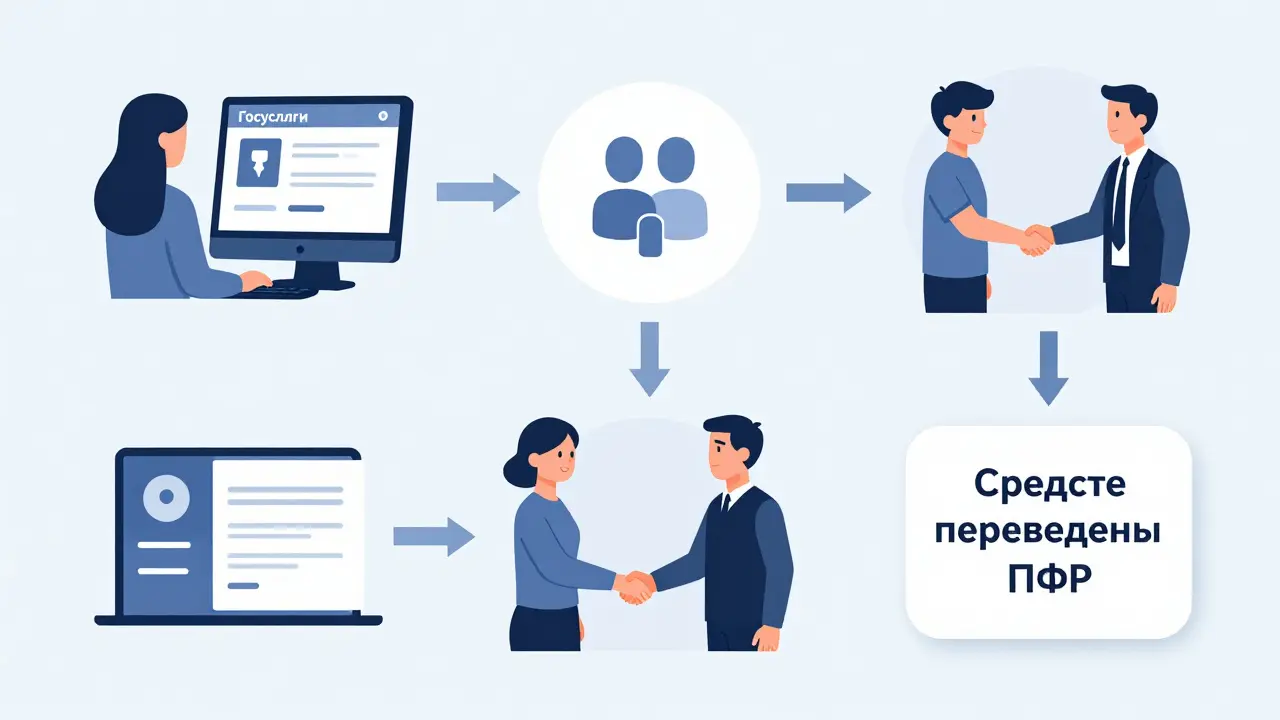 Пошаговый визуальный процесс подачи заявления на материнский капитал через интернет и перевод средств застройщику.