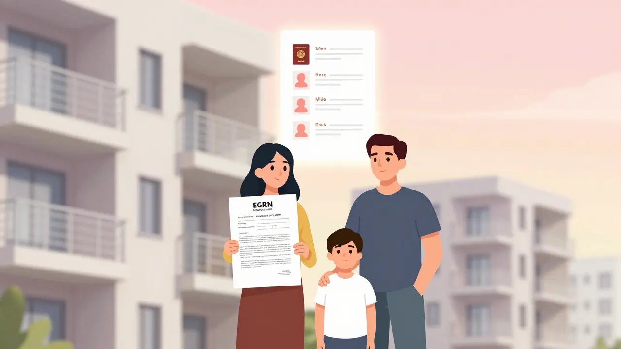 Семья держит согласие супруга и выписку ЕГРН перед новостройкой, над ними — цифровой чек-лист с иконками документов.
