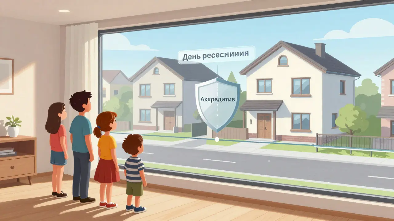 Семья смотрит из своей квартиры в будущую, между ними — защитный щит аккредитива и цифровая шкала времени.