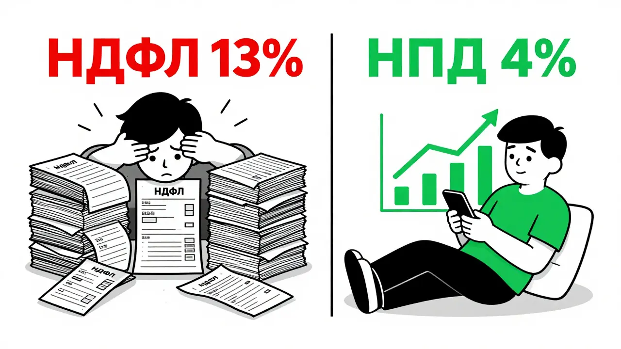 Сравнение хаоса налогов НДФЛ и спокойствия самозанятого с 4% налогом через приложение.