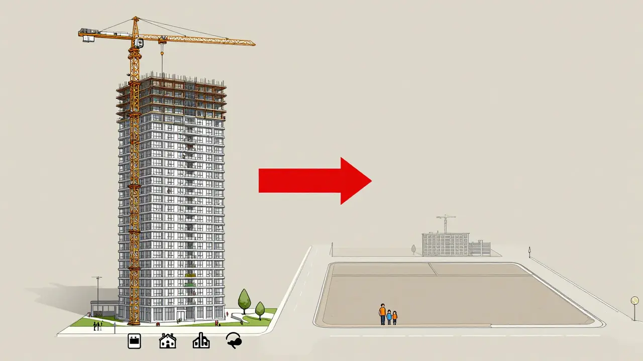 Сравнение новостройки с развитой инфраструктурой и пустого района без школ и метро.