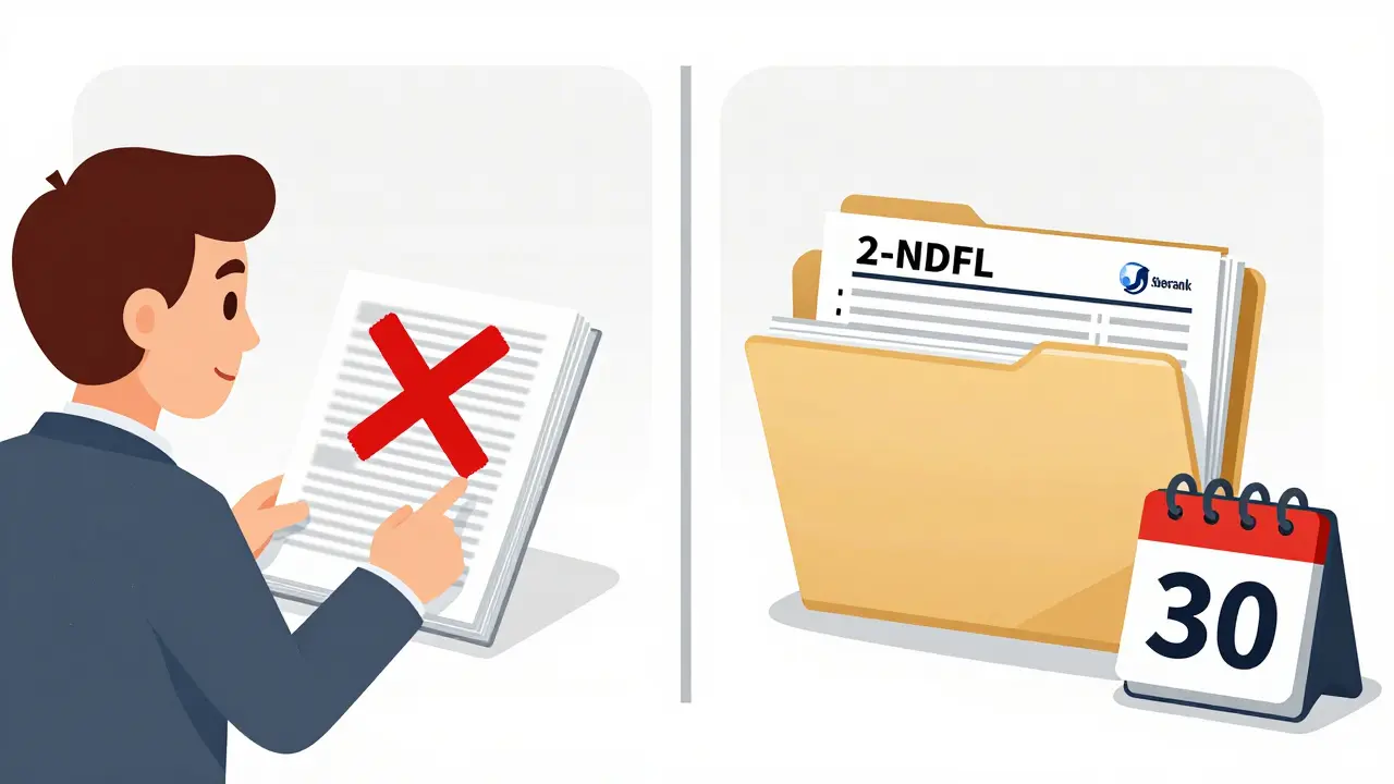 Сравнение: слева — испорченная справка 2-НДФЛ со штампом отказа, справа — свежая, правильно оформленная справка с календарем.