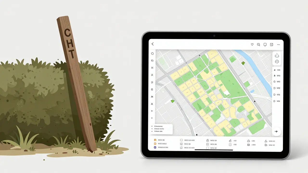 Сравнение старого деревянного столба и современной цифровой карты земельных участков в стиле минимализма.