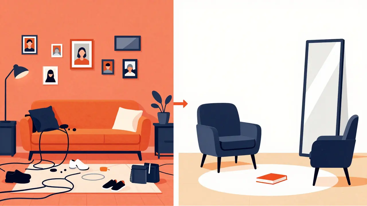 Сравнение захламленной и идеально убранной гостиной — акцент на порядке и пространстве.