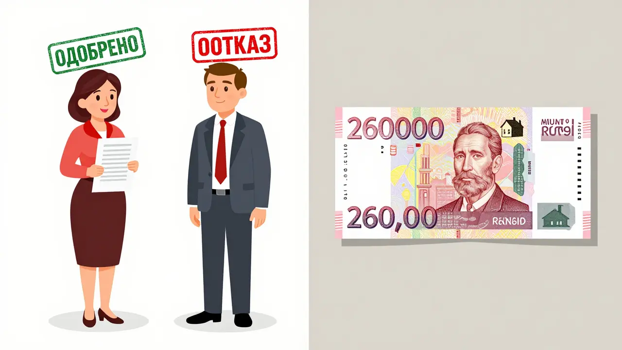Супруги по разные стороны: жена получает одобрение и деньги, муж — отказ, на фоне квитанция о возврате 260 тысяч рублей.