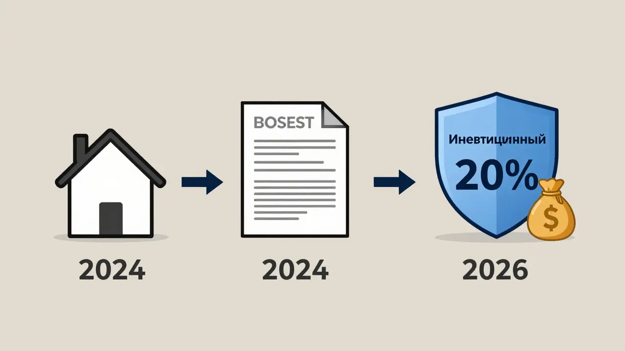 Таймлайн: квартира регистрируется, затем получает инвестиционный налоговый вычет 20%.