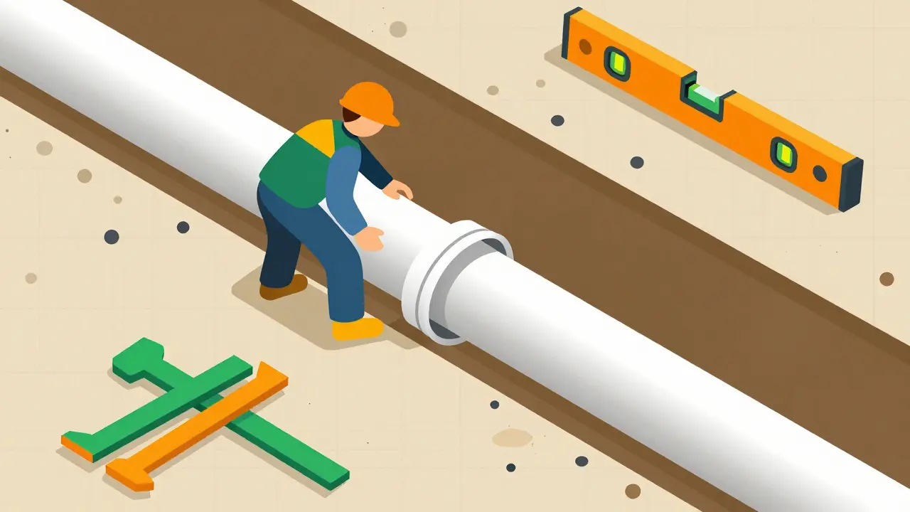 Укладка труб в траншею для системы ливневого водоотвода.