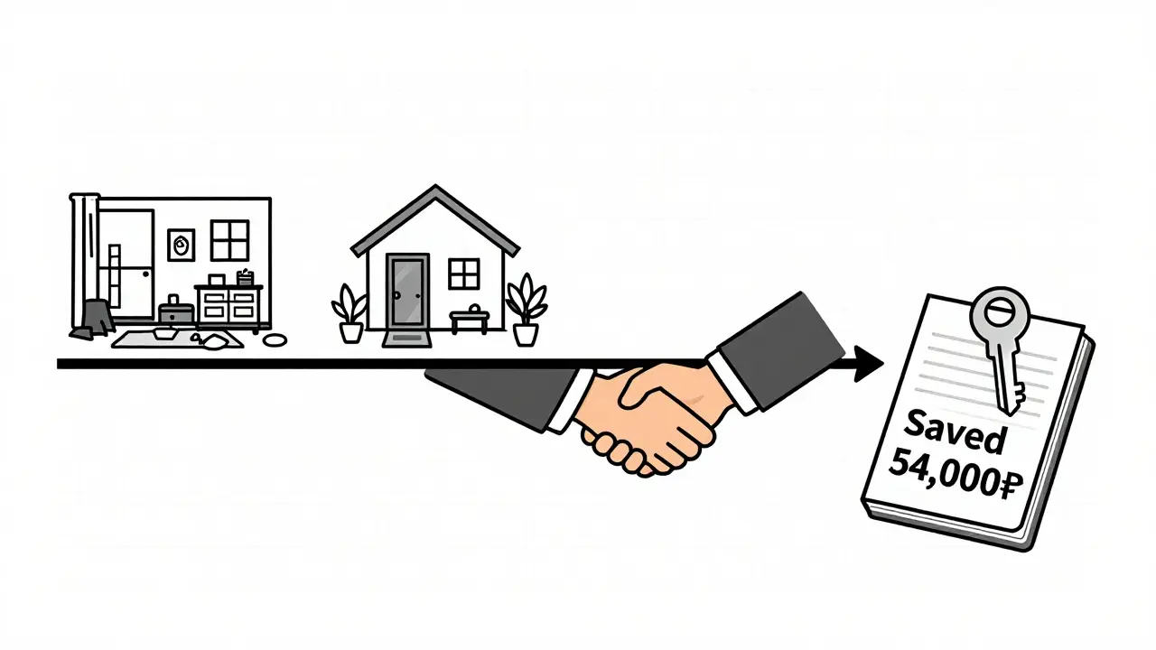 Временная шкала: от захламленной квартиры к сделке с ключом и надписью 'Экономия 54 000₽'.