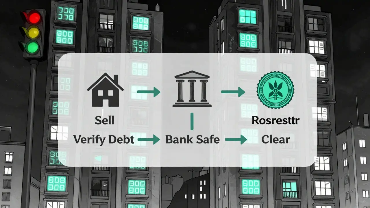 Здание с цифровыми индикаторами долгов по ЖКХ и схема безопасной продажи квартиры.