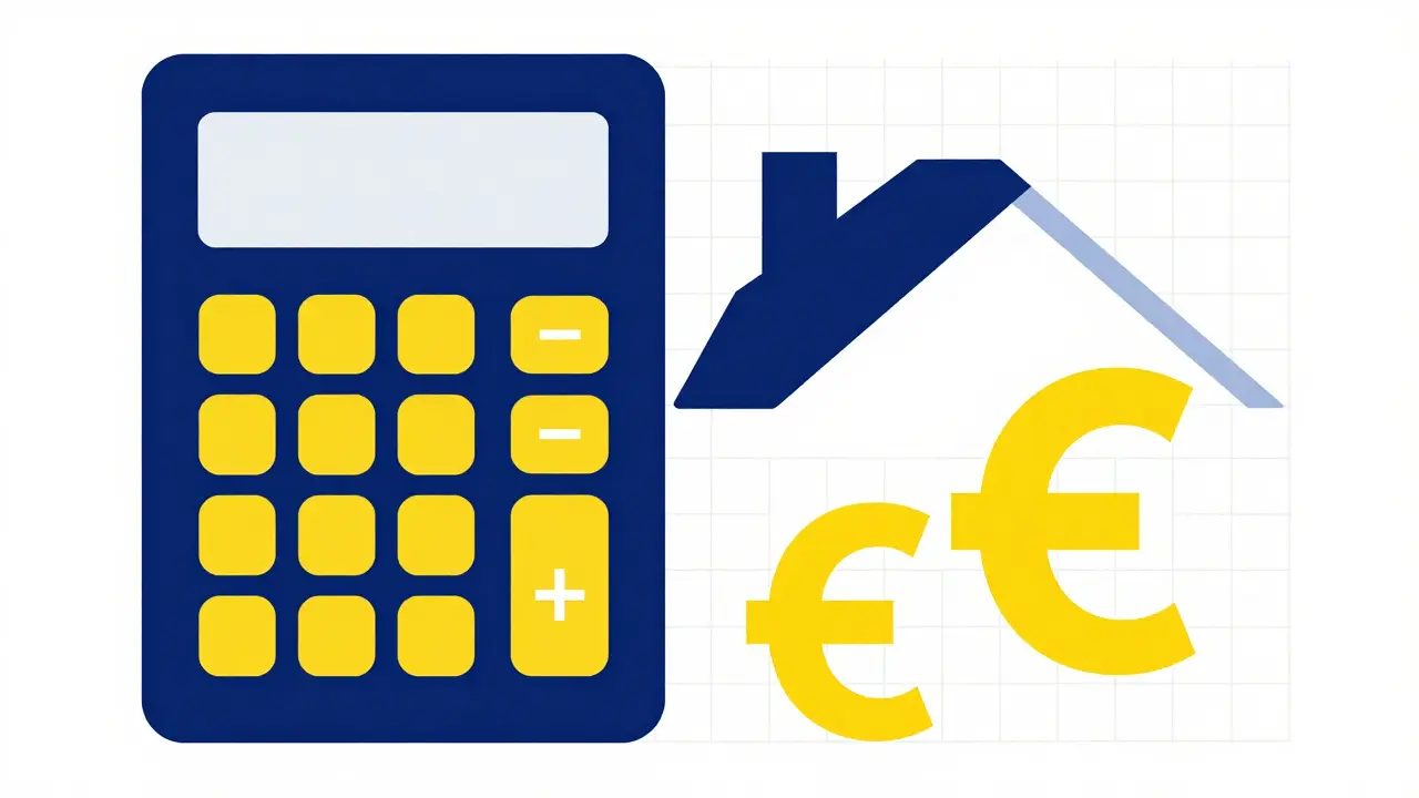 Абстрактная иллюстрация расчета неустойки с калькулятором и домом