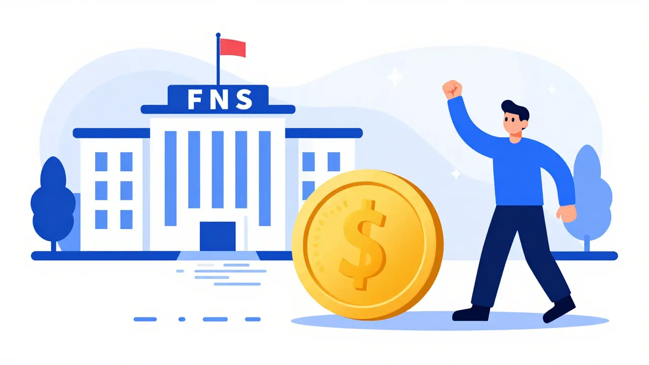 Человек рядом с большой монетой на фоне абстрактного здания налоговой