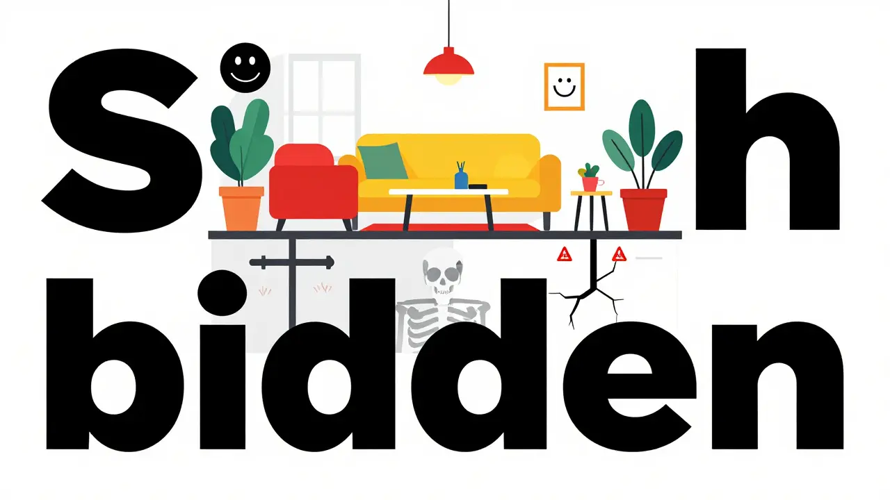 Концептуальное изображение квартиры: красивый фасад сверху и технические проблемы в стенах снизу.