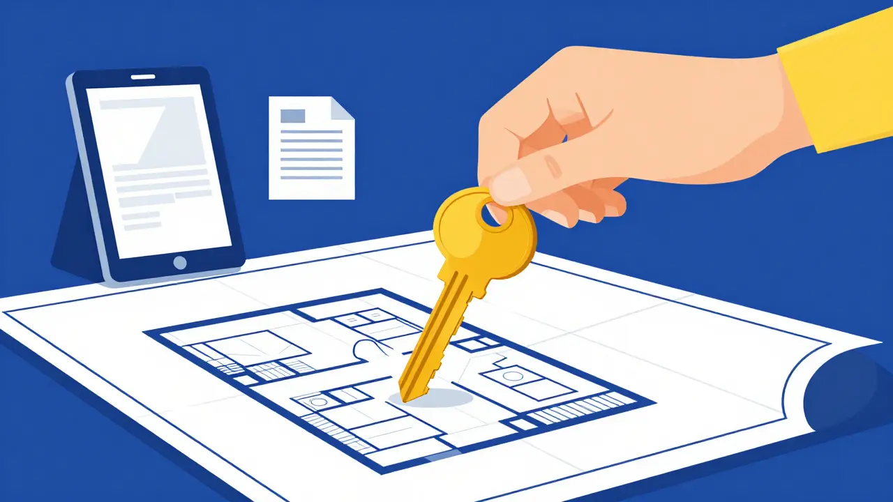 Минималистичное изображение ключа от квартиры и документов о регистрации собственности