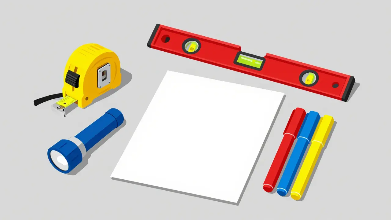 Набор инструментов для приемки квартиры: рулетка, уровень и фонарик на сером фоне