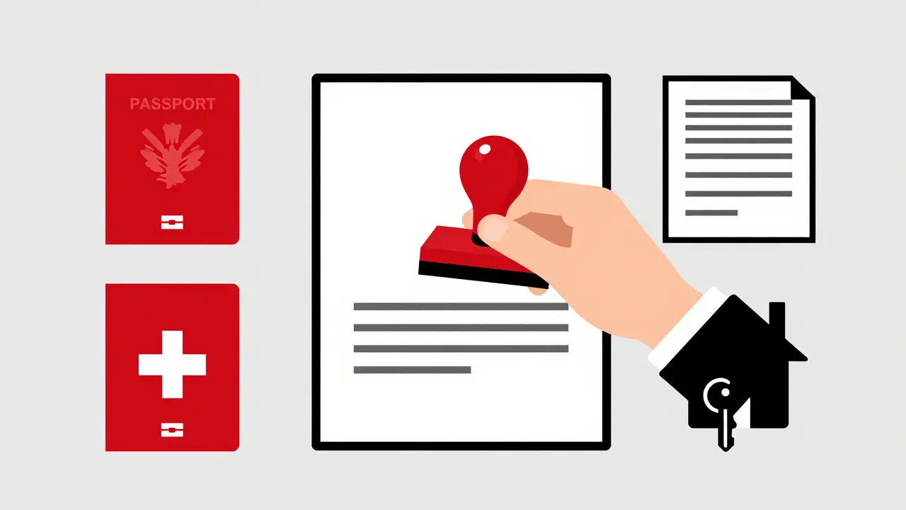 Нотариальная печать на документах с паспортом и ключами в минималистичном стиле