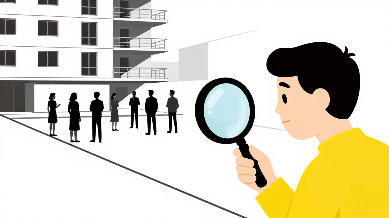 Покупатель осматривает стройплощадку и общается с жильцами готового дома