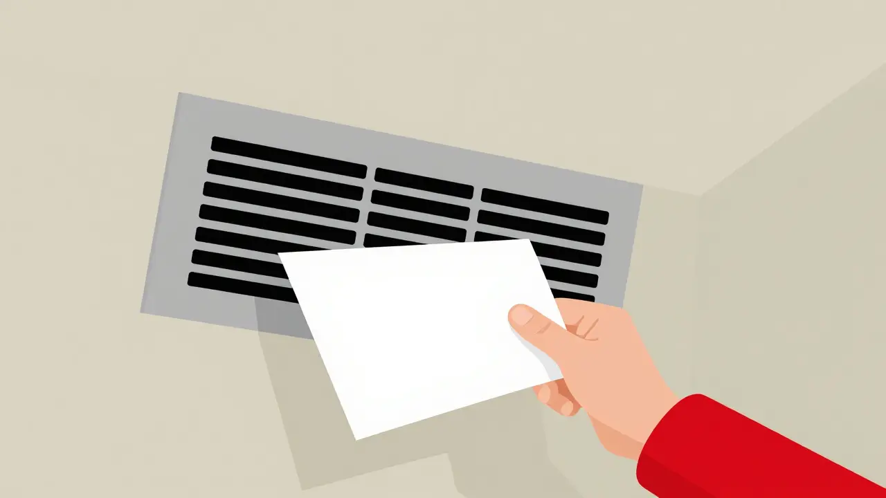 Проверка вентиляции в квартире с помощью листа бумаги у решетки в графическом стиле.