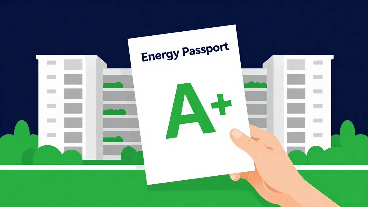 Рука с энергетическим паспортом дома с классом A+ на фоне современного здания
