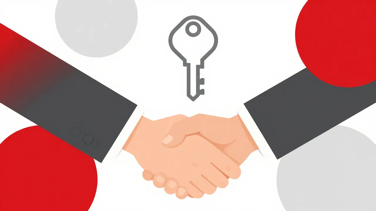 Рукопожатие и символ ключа, означающие успешную продажу жилья