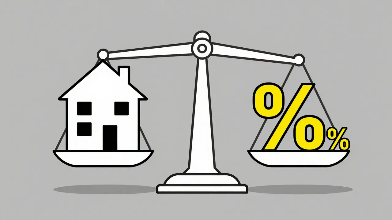 Схематичные весы с иконкой квартиры и процентами, символизирующие корректировки цены