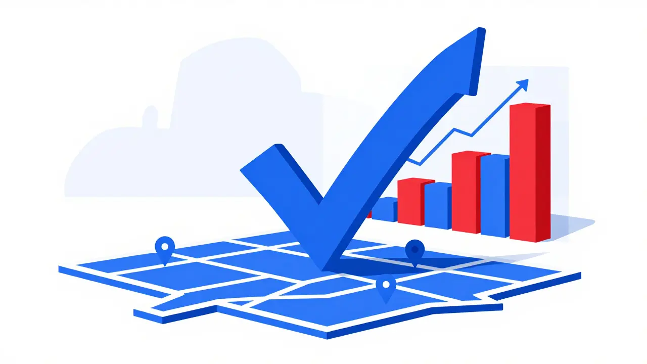 Символ галочки над картой города и графиком, обозначающий проверку стоимости квартиры