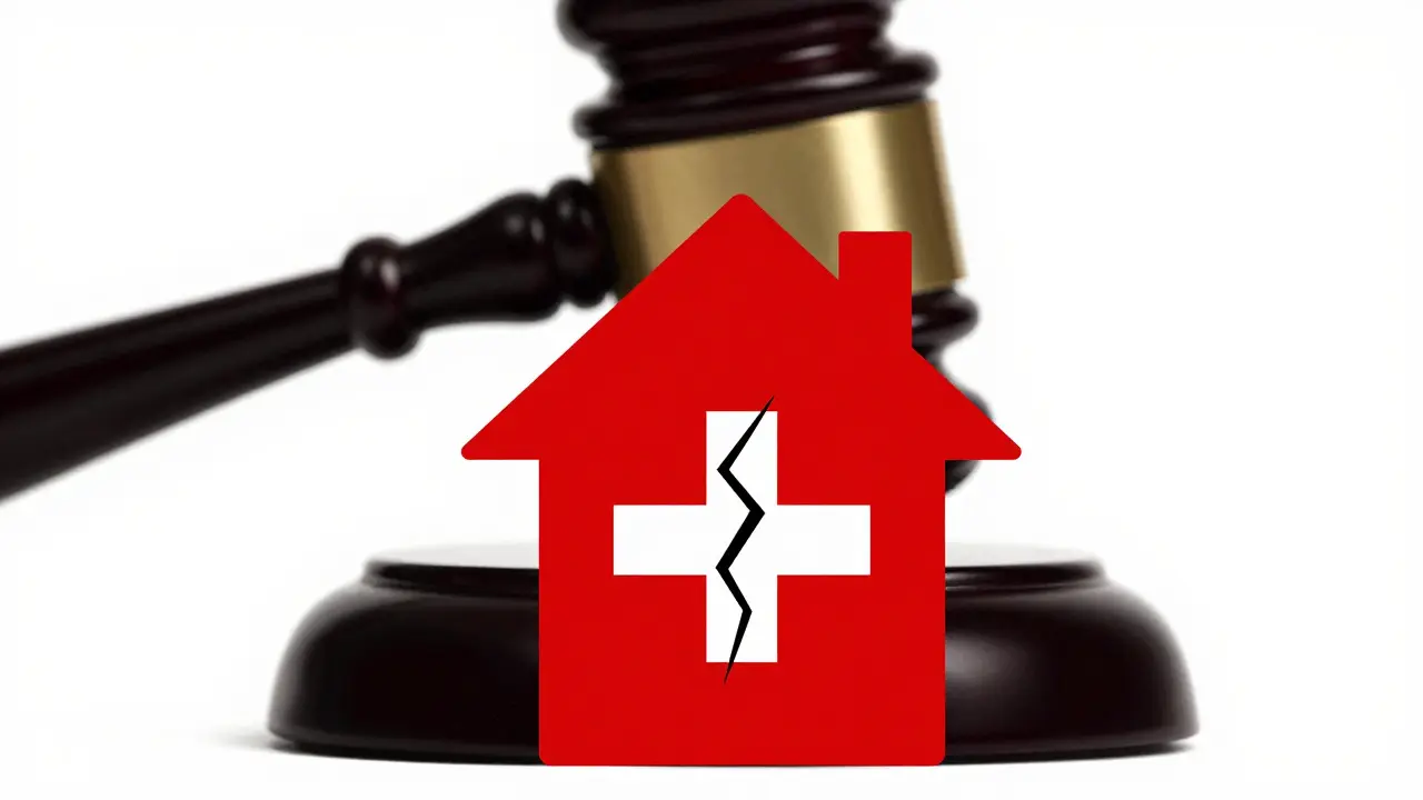 Символичное изображение треснувшего дома и судейского молотка в швейцарском стиле