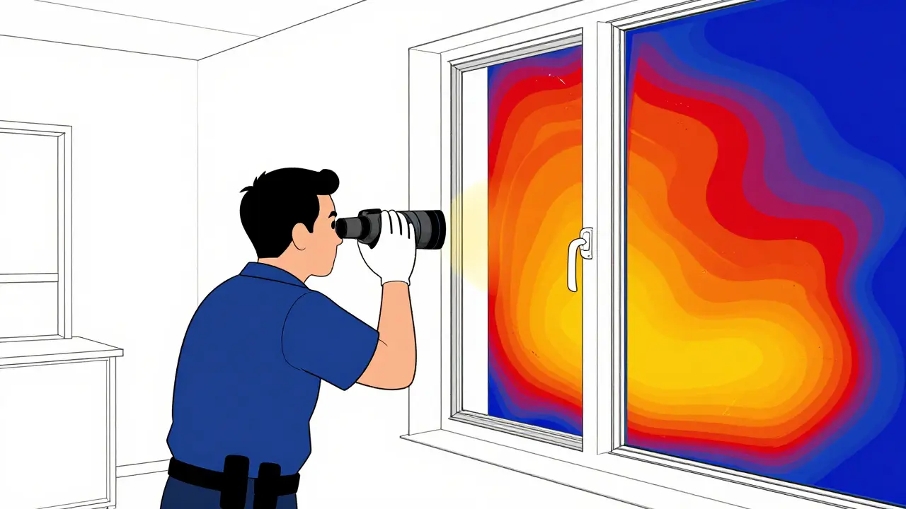 Специалист проверяет окно тепловизором, показывая зоны утечки тепла