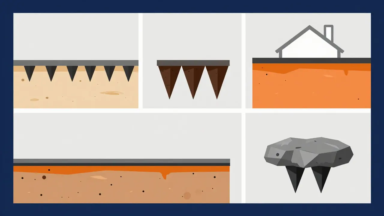 Сравнение типов фундамента для разных видов грунта в минималистичном стиле.