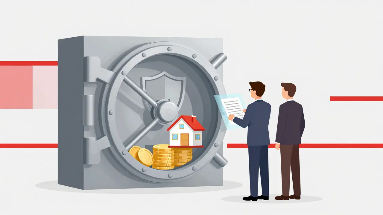 Стилизованное изображение сейфа эскроу-счета, защищающего деньги и дом