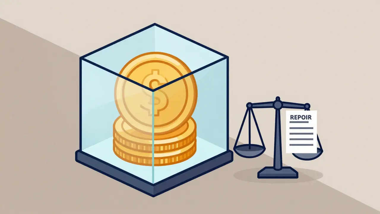 Стилизованное изображение залога в стеклянном кубе и весов с чеками за ремонт