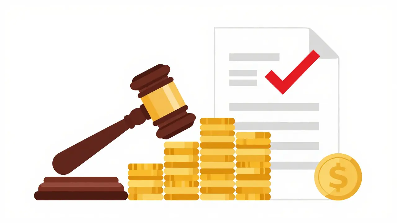 Стилизованный молоток судьи и монеты, символизирующие выплату компенсации