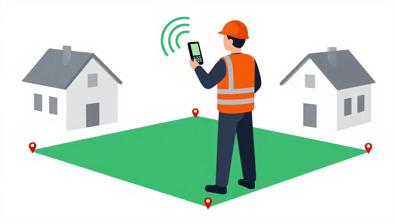 Кадастровый инженер проводит измерения границ участка с помощью GPS-оборудования