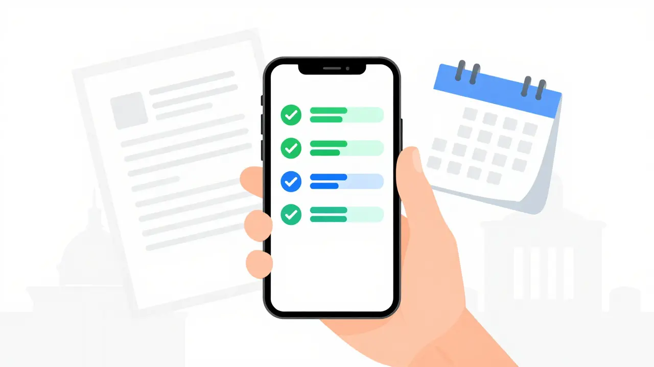 Рука со смартфоном показывает процесс онлайн-оформления документов